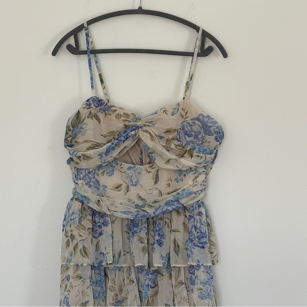 Lulus Arata Beige Blue Floral Cutout Tiered Maxi Dress size XL Sheer Big Florals - Picture 7 of 13